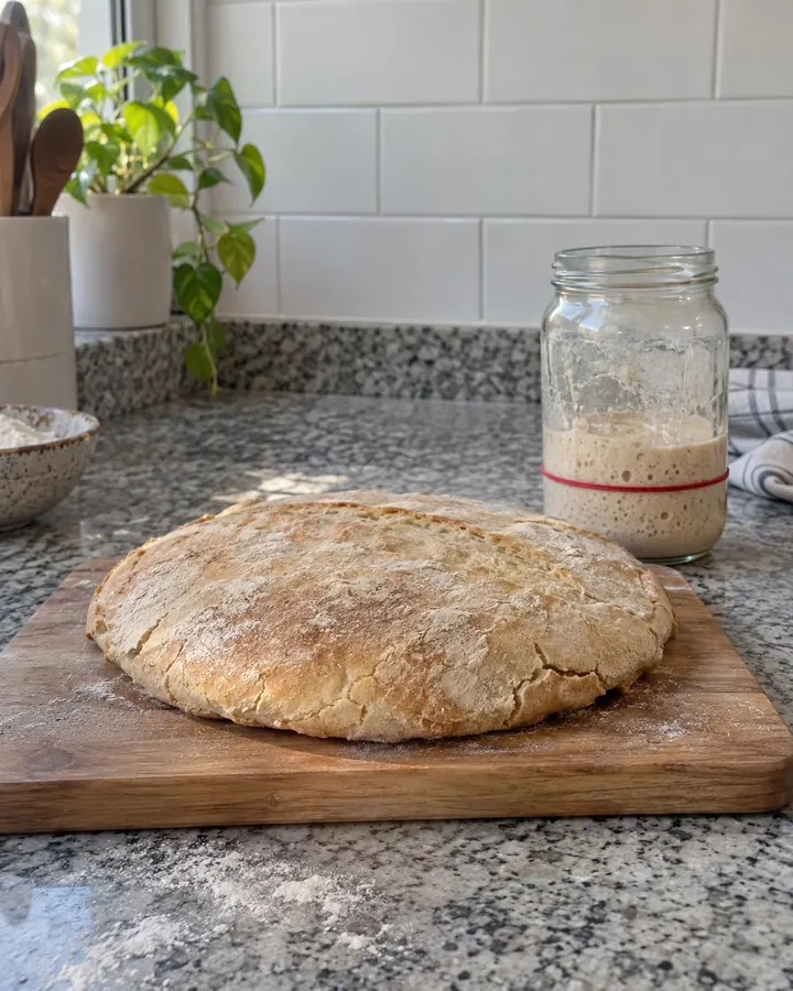 Un pan de masa madre chato y pálido sobre una tabla, al lado del frasco de la masa madre